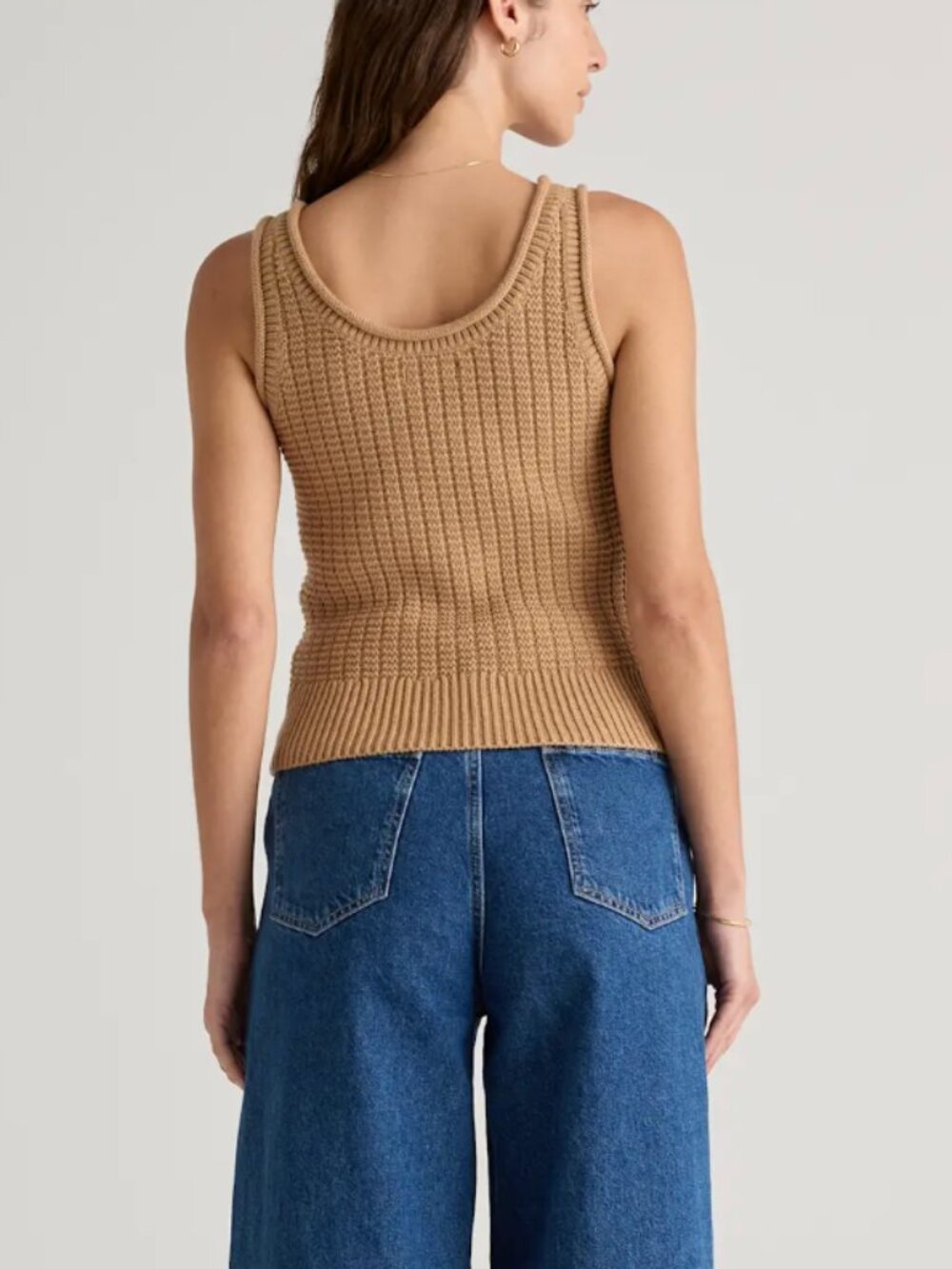 Quince Camel Brown Waffle Knit Scoop Neck Cropped Sweater Tank Size L - Picture 3 of 6